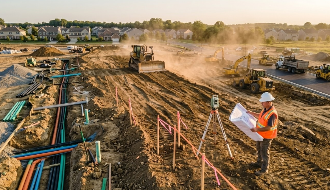 Civil engineer reviewing blueprints on an active land development site with grading equipment and utility trenches in the background - Land development costs in USA