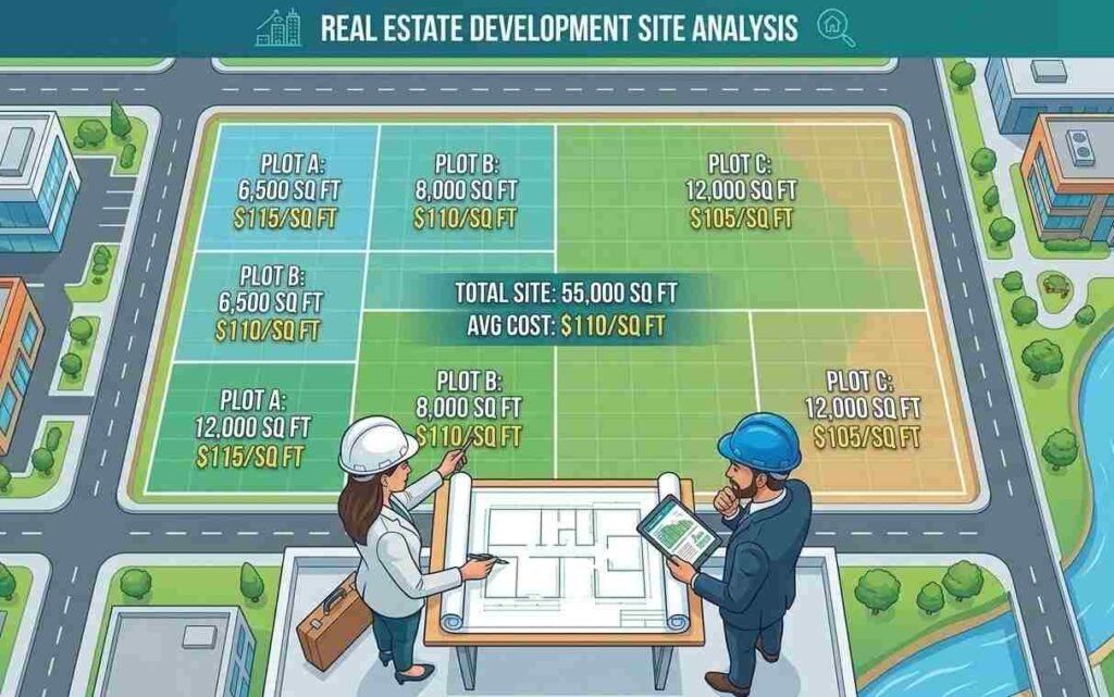 Plot of land with grid overlay showing cost per square foot
