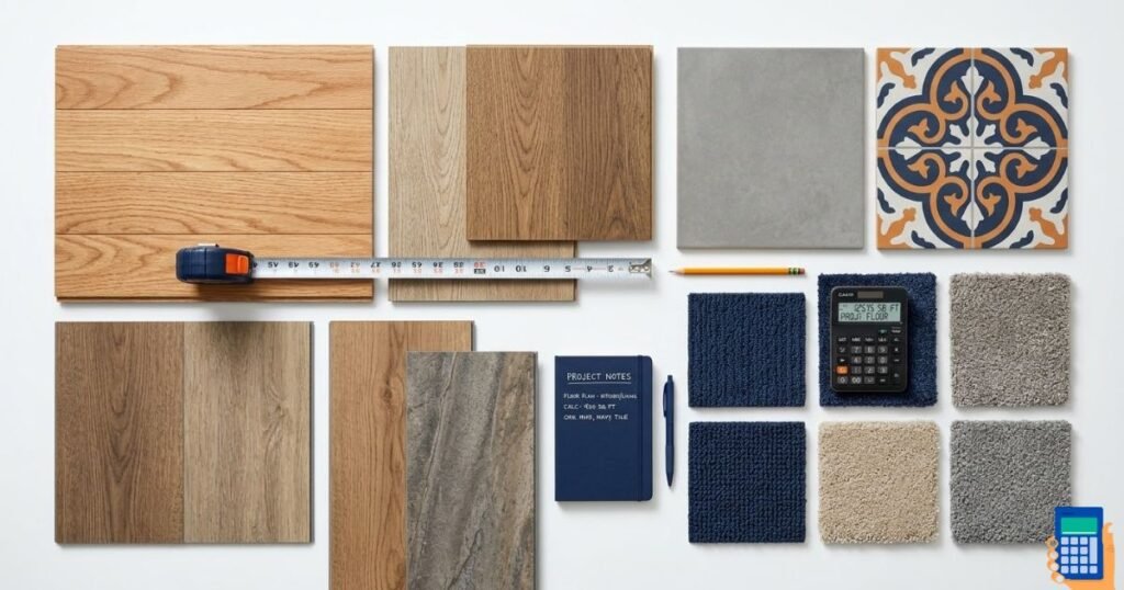 Flooring Calculator tool showing square footage and installation cost estimate for tile, hardwood, and laminate flooring