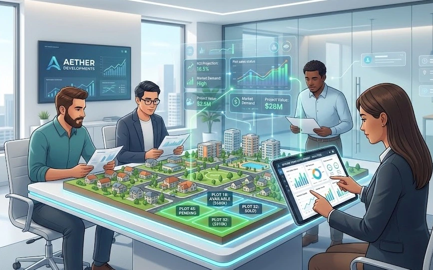 Professional land development cost calculator interface with investors analyzing project costs