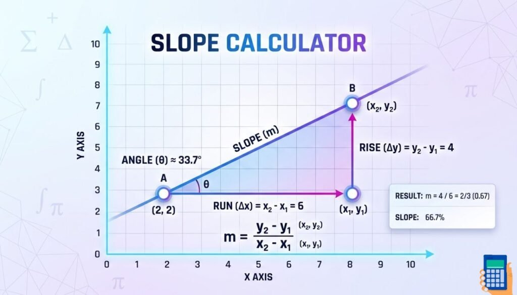 Slope calculator graph showing two coordinate points connected by a line with rise over run triangle and slope formula