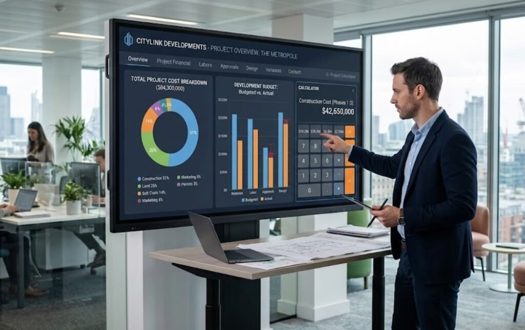 Developer using digital calculator to estimate total project cost