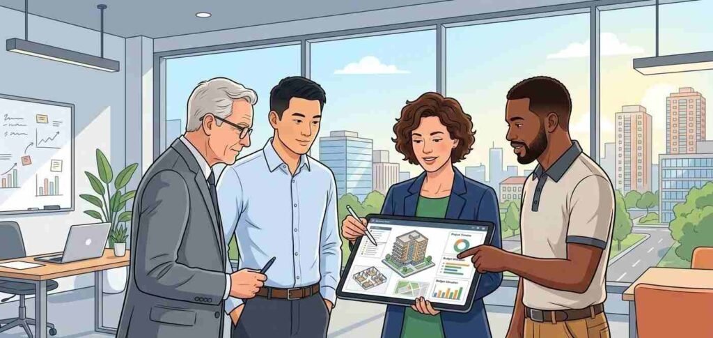 Developers, investors, and contractors reviewing plans together