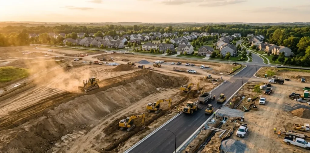 Aerial view of land development site in USA showing grading and infrastructure work - Land development costs in USA