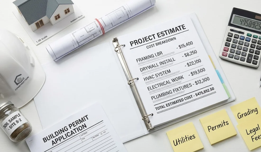 Land development cost breakdown flat lay showing contractor estimate binder, blueprints, hard hat, permit documents and calculator representing all major development expenses
