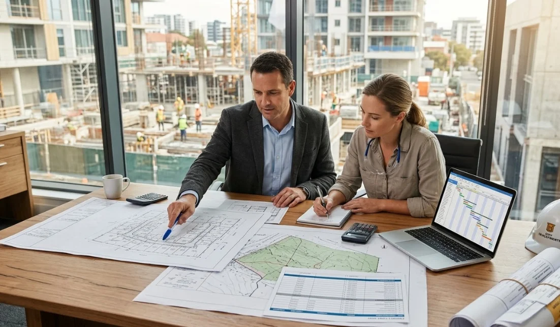 Real estate developer and civil engineer collaborating over land subdivision blueprints and cost spreadsheets in a professional office setting