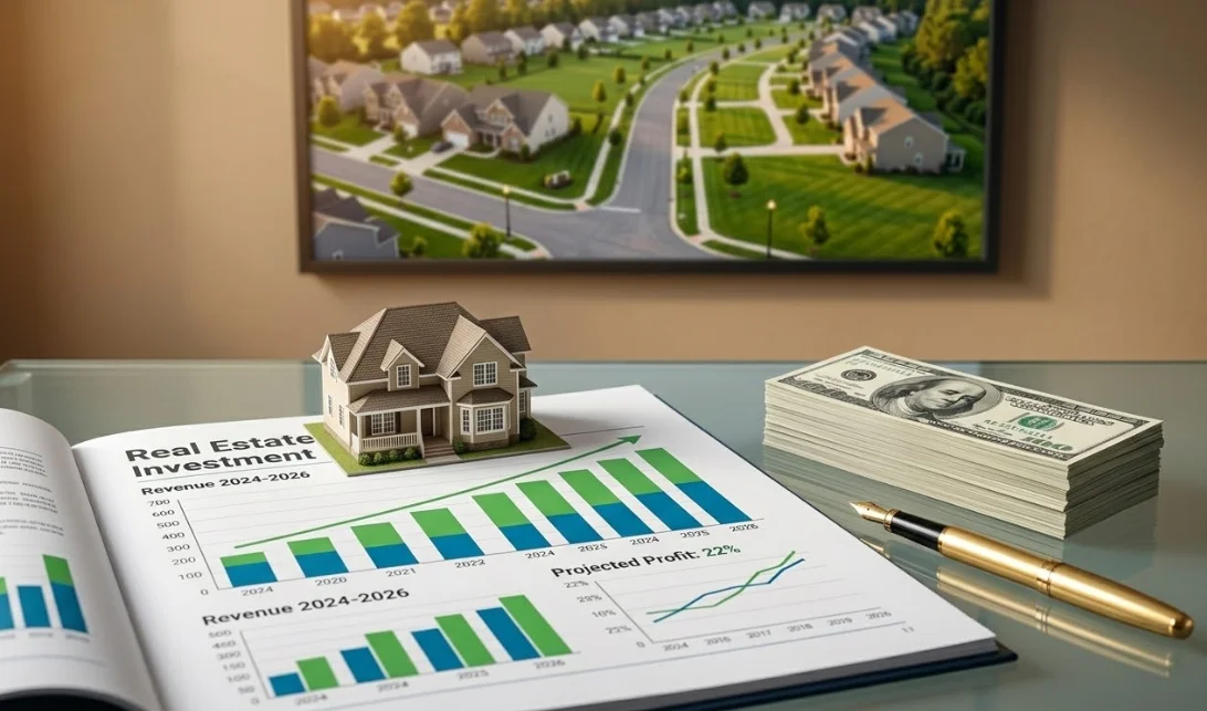 Real estate investment report showing upward profit margin charts next to a model home and cash representing land development ROI