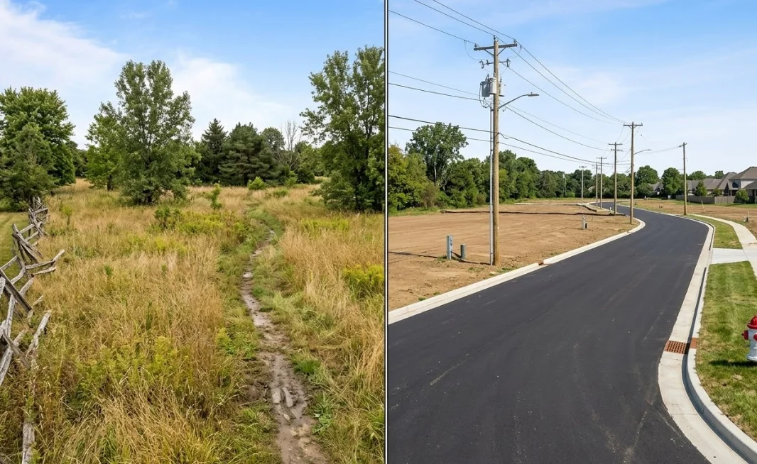 Side by side comparison of raw undeveloped land versus a fully developed residential lot with paved roads and utilities in the USA