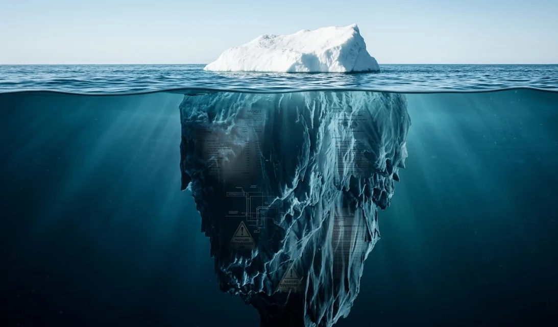 Iceberg concept image representing hidden land development costs where the small visible tip shows expected expenses and the large underwater mass represents unexpected costs