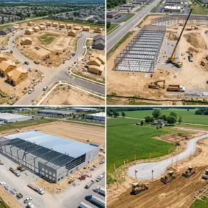 Four types of land development projects in the USA including residential subdivision, commercial retail, industrial warehouse, and agricultural to residential conversion