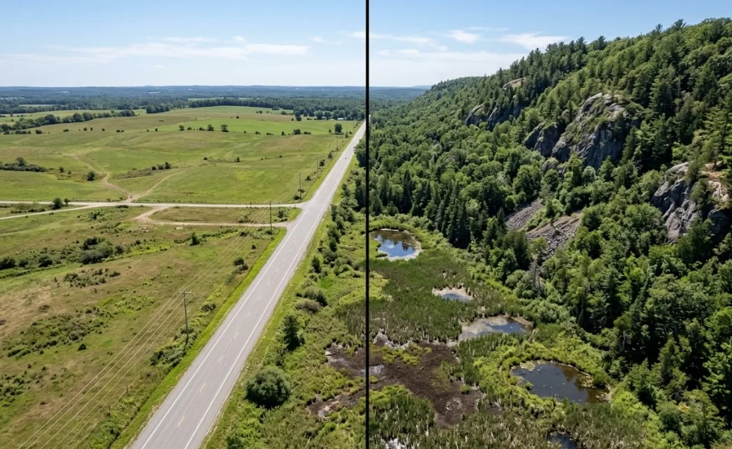 Aerial split view comparing flat easily developable land on the left versus steep rocky difficult terrain on the right showing how land conditions impact development costs