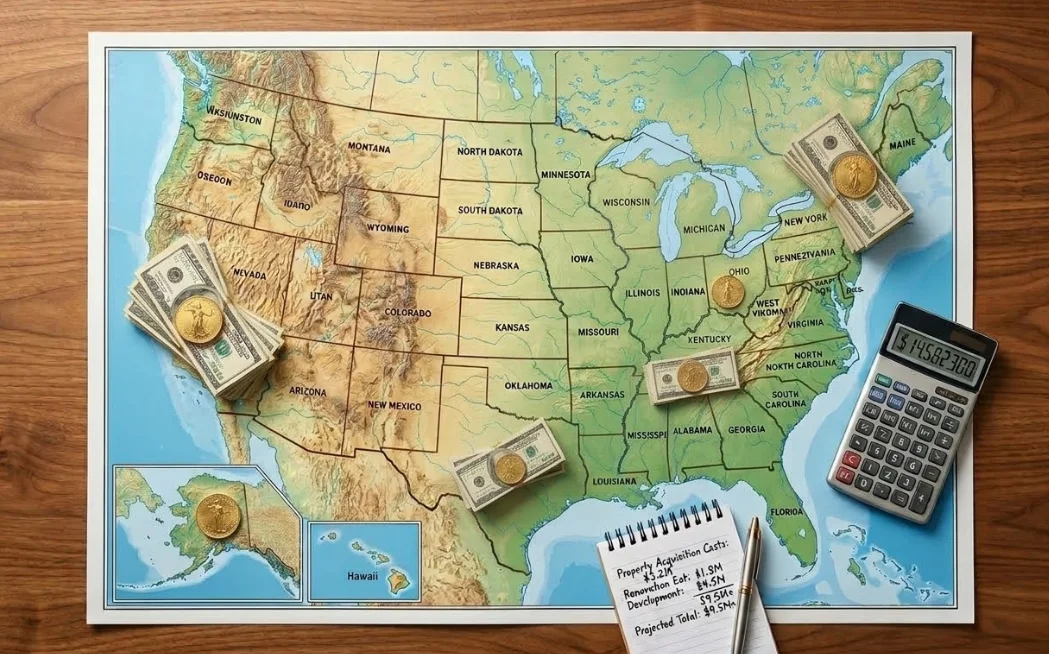 USA map showing regional land development cost variations across different states with dollar amounts representing high and low cost areas