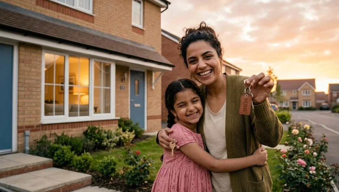 single mother celebrating new home ownership