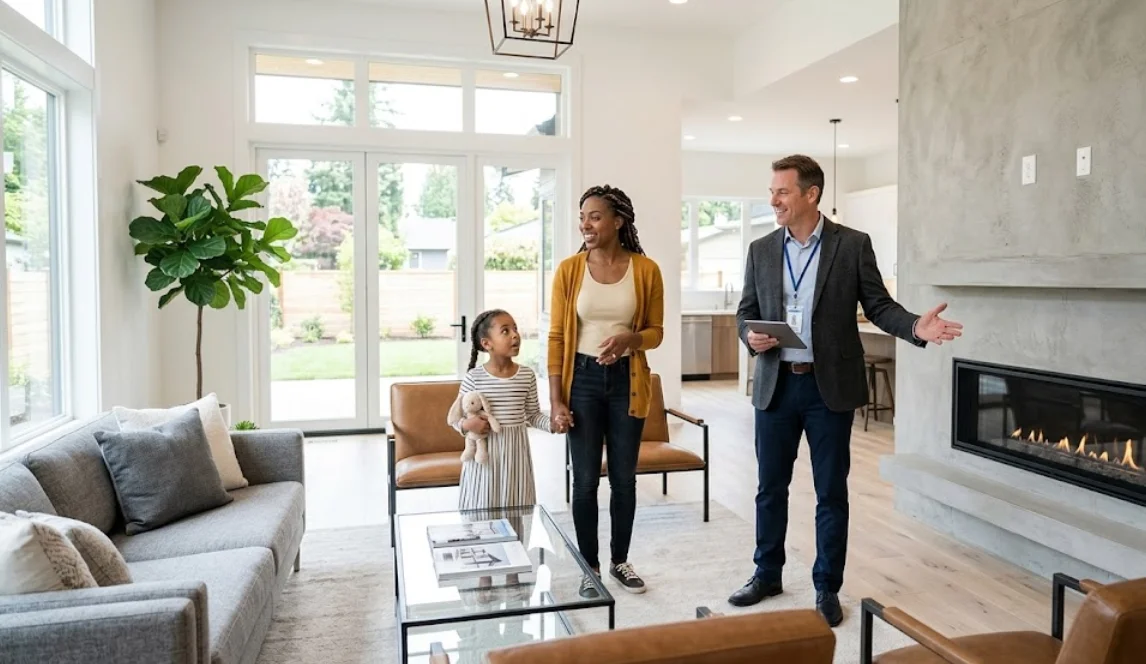 single mother viewing house with real estate agent